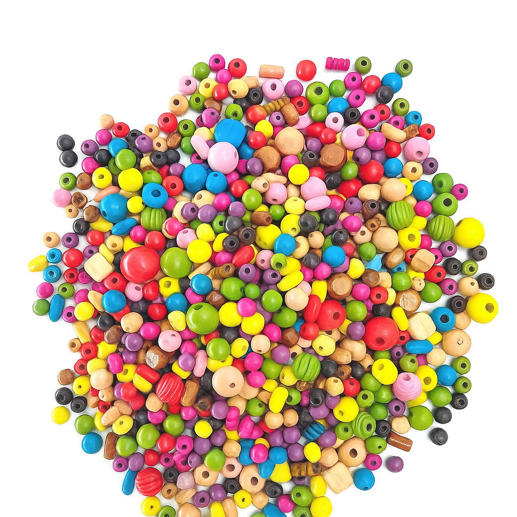 Coloured Wooden Beads, Assorted Shapes & Sizes 125g
