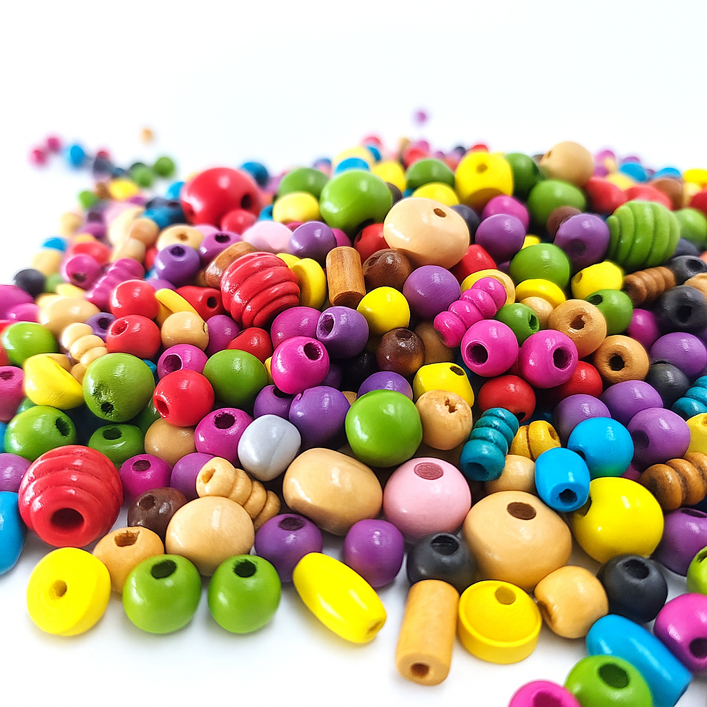 Coloured Wooden Beads, Assorted Shapes & Sizes 125g