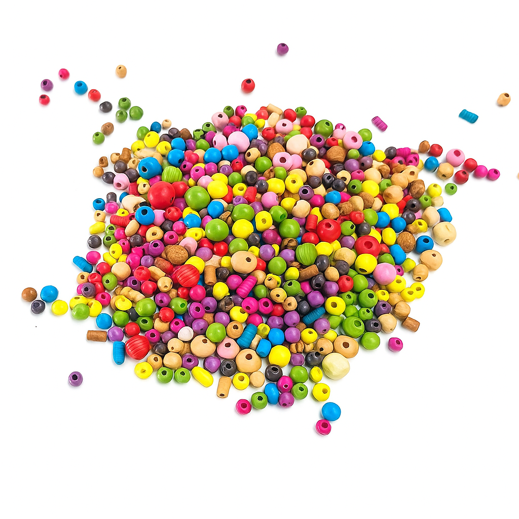 Coloured Wooden Beads, Assorted Shapes & Sizes 125g