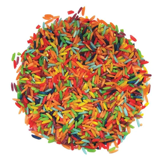 Rice, bright assorted coloured with child safe dyes.