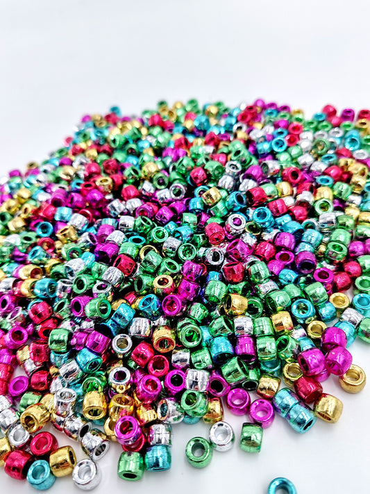 Metallic Barrel Beads, Acrylic, Width 6mm, Length 8mm.