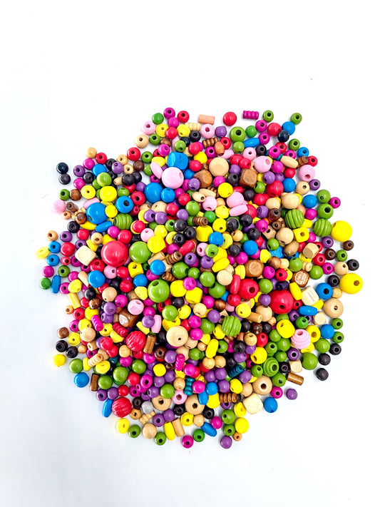 Coloured Wooden Beads, Assorted Shapes & Sizes 125g